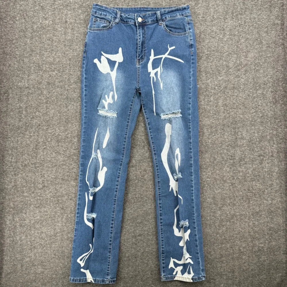 Womens Blue Abstract Graphic Print Distressed Straight Leg High Rise Jeans 30